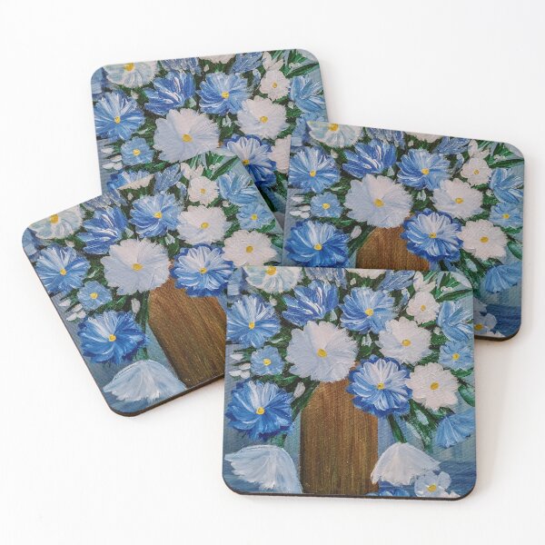 Item preview, Blue and White Cosmos in Tall Brown Vase designed and sold by kkartwork.