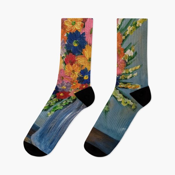 Artikelvorschau, Orange, rosa und blaue Wildblumen in einer geriffelten blauen Vase entworfen und verkauft von kkartwork.