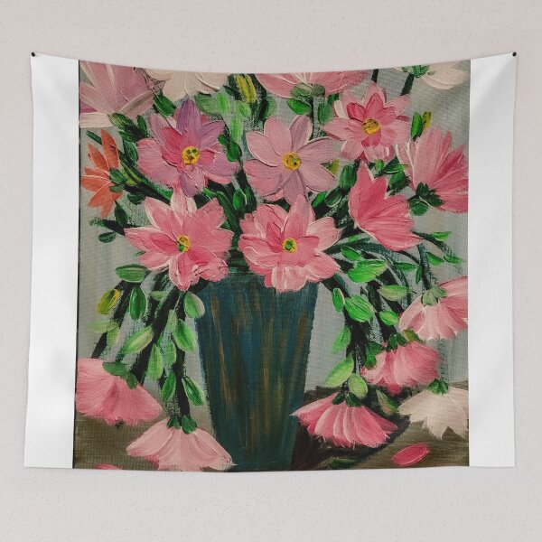 Item preview, Cascading Pink and Mauve Cosmos in Tall Blue Vase designed and sold by kkartwork.