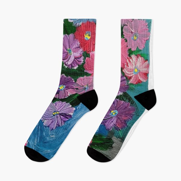 Item preview, Pink and Purple Cosmos in Blue Vase on Teal Background designed and sold by kkartwork.