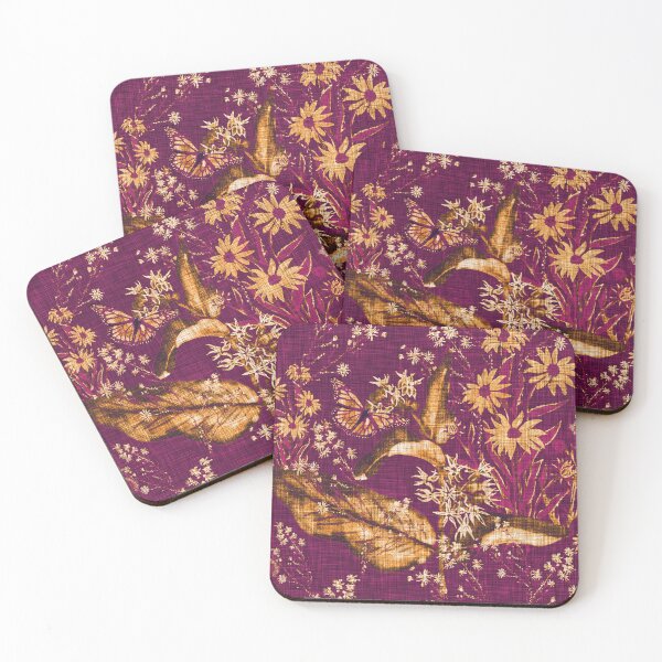 Item preview, Hand Painted Repeating Wild Flower Pattern with Monarchs Gold & Fuchsia Earth-tone designed and sold by LoveAlways-AEP.
