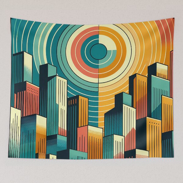 Item preview, Retro Geometric City Skyline with Concentric Sun designed and sold by InkSmithery.