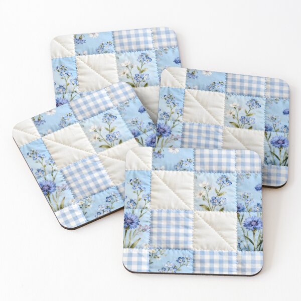Item preview, Blue Floral and Gingham Patchwork Quilt with Stitching Details designed and sold by CharlieDesings.
