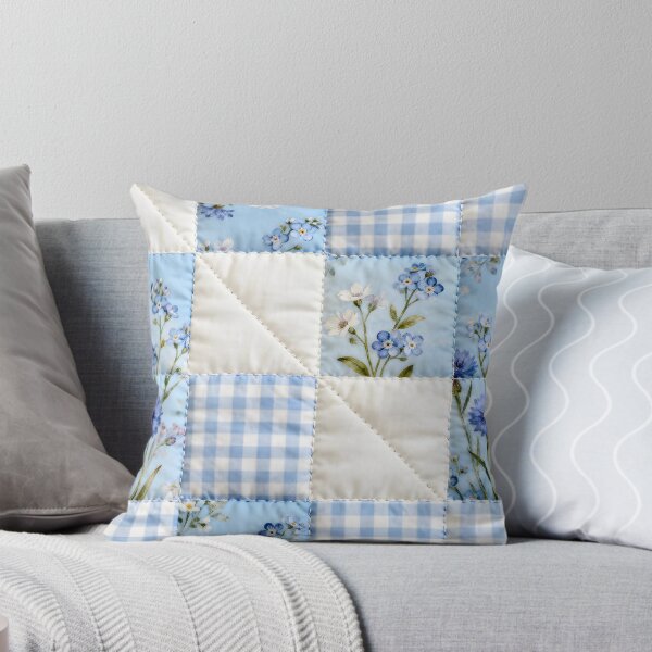 Item preview, Blue Floral and Gingham Patchwork Quilt with Stitching Details designed and sold by CharlieDesings.