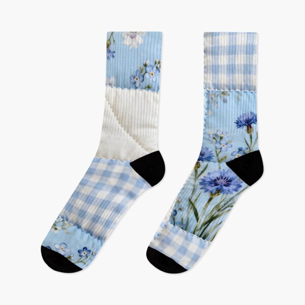 Item preview, Blue Floral and Gingham Patchwork Quilt with Stitching Details designed and sold by CharlieDesings.