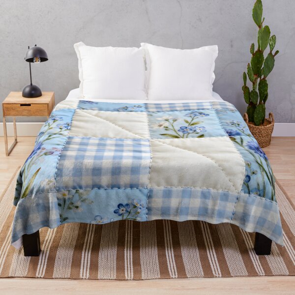 Item preview, Blue Floral and Gingham Patchwork Quilt with Stitching Details designed and sold by CharlieDesings.