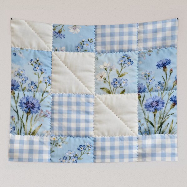 Item preview, Blue Floral and Gingham Patchwork Quilt with Stitching Details designed and sold by CharlieDesings.