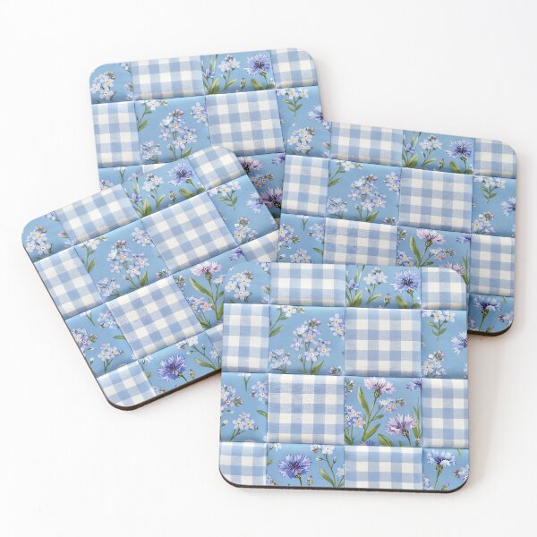 Item preview, Vibrant Blue Botanical and Gingham Patchwork Quilt Design designed and sold by CharlieDesings.