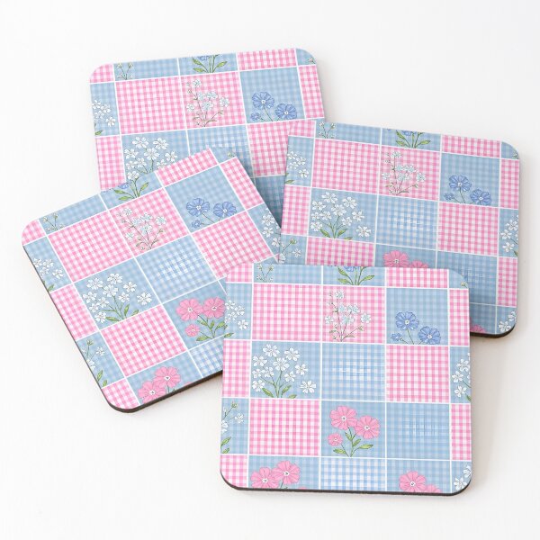 Item preview, Pink and Blue Gingham Patchwork with Illustrated Spring Wildflowers designed and sold by CharlieDesings.