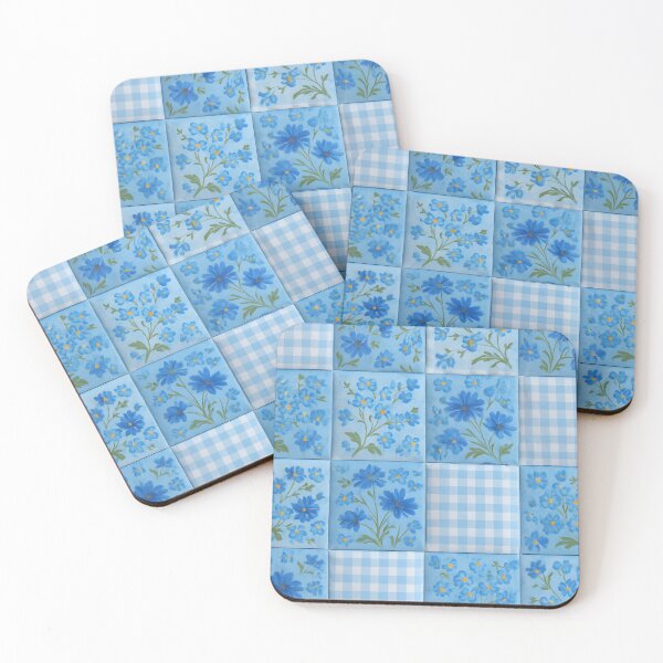 Item preview, Artistic Blue-on-Blue Floral Patchwork with Gingham Checkered Squares designed and sold by CharlieDesings.