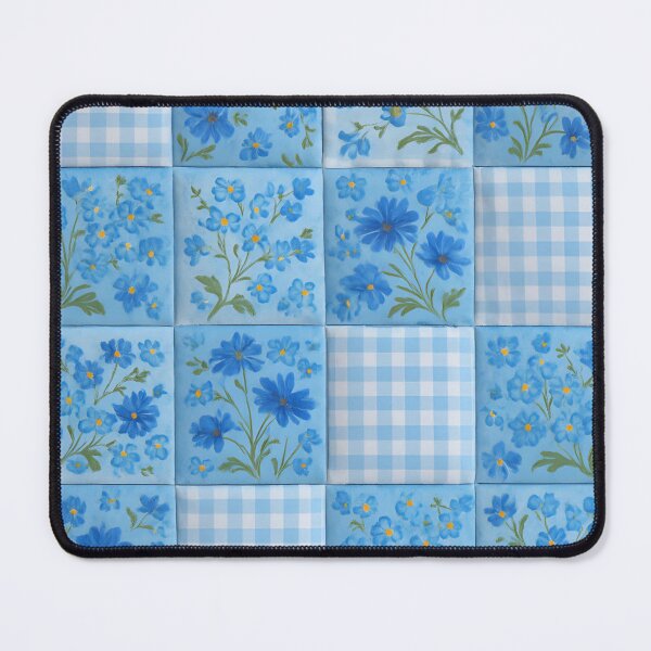 Item preview, Artistic Blue-on-Blue Floral Patchwork with Gingham Checkered Squares designed and sold by CharlieDesings.