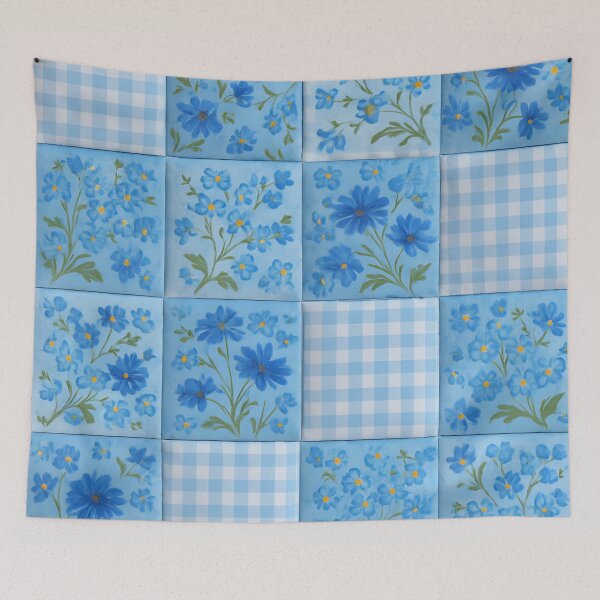 Item preview, Artistic Blue-on-Blue Floral Patchwork with Gingham Checkered Squares designed and sold by CharlieDesings.