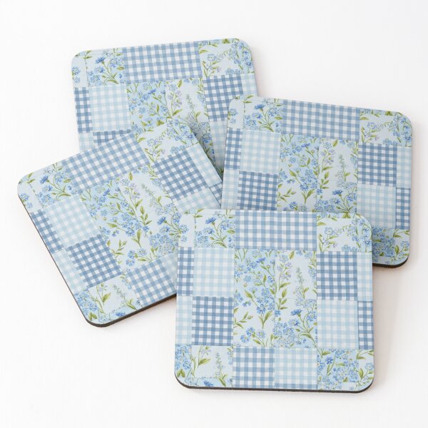 Item preview, Classic Sky Blue Floral and Gingham Patchwork Fabric Pattern designed and sold by CharlieDesings.