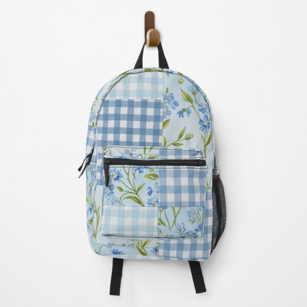 Item preview, Classic Sky Blue Floral and Gingham Patchwork Fabric Pattern designed and sold by CharlieDesings.