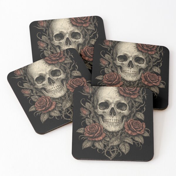 Item preview, A weathered skull entwined with dark roses designed and sold by Mouraludia.