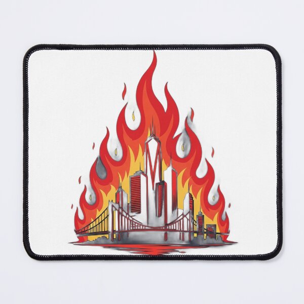 Item preview, Burning skyscrapers with a prominent central tower, surrounded by fire and smoke, realistic depiction designed and sold by VerizalShop.