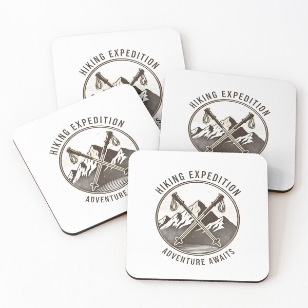 Item preview, Hiking expedition logo with golden hiking poles and a majestic mountain range in the background designed and sold by VerizalShop.