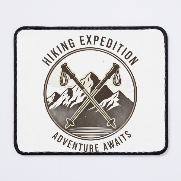 Item preview, Hiking expedition logo with golden hiking poles and a majestic mountain range in the background designed and sold by VerizalShop.