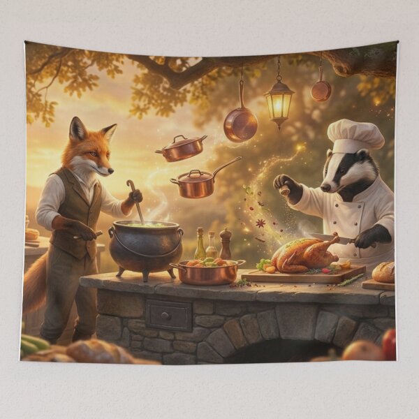 Item preview, Cozy Magical Forest Kitchen Whimsical Animal Chefs Art designed and sold by Dream Output .