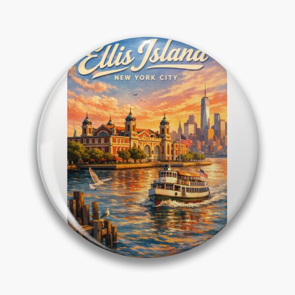 Item preview, Ellis Island with Ferry and New York City Sunset – Liberty Island, NYC designed and sold by Places On Earth.