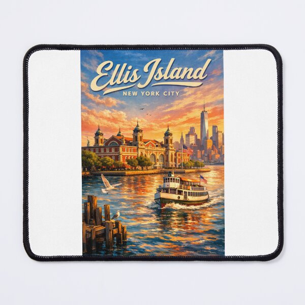 Item preview, Ellis Island with Ferry and New York City Sunset – Liberty Island, NYC designed and sold by Places On Earth.