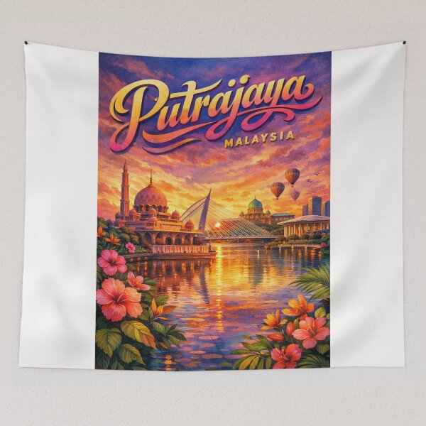Item preview, Putrajaya Waterway with Mosque, Hot Air Balloons, and Sunset Glow – Malaysia Federal Capital designed and sold by Places On Earth.