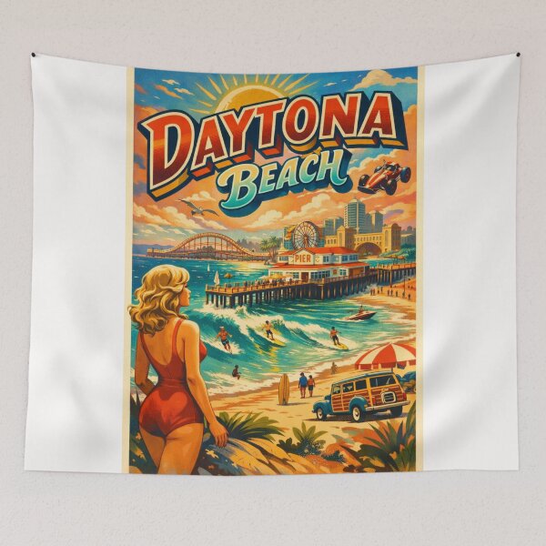 Item preview, Daytona Beach with Pier, Surfers, and Classic Cars – Florida Coast, USA designed and sold by Places On Earth.