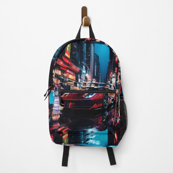 Item preview, Shiny Red Supercar Parked On Neon Lit Night City Street designed and sold by RevUpDesign.