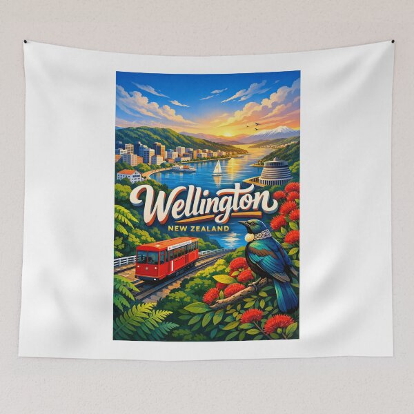 Item preview, Wellington Waterfront Sunset – Cable Car, Tui Bird & Beehive Parliament Building designed and sold by Aryabek.