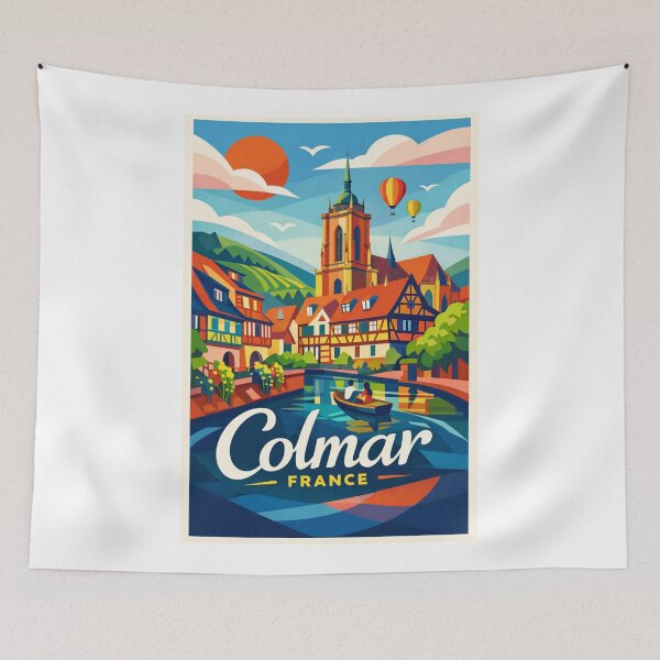 Item preview, Colmar Cathedral and Canal – Alsace Village with Vineyard Hills & Hot Air Balloons designed and sold by Aryabek.
