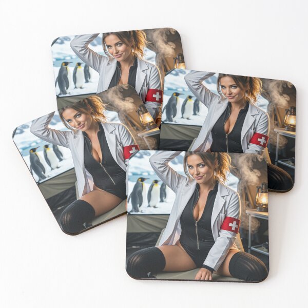 Item preview, Woman in coat with emperorpenguins outside tent designed and sold by CathryneDelamort.