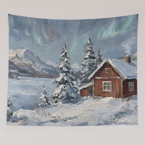 Item preview, Nordic Serenity: Snowy Scandinavian Red Cabin Oil Painting designed and sold by griez.