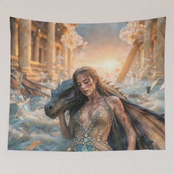 Item preview, Atlantis Fall – Dragon Queen Grief in Flooded Palace designed and sold by SunsetAngelsAI.