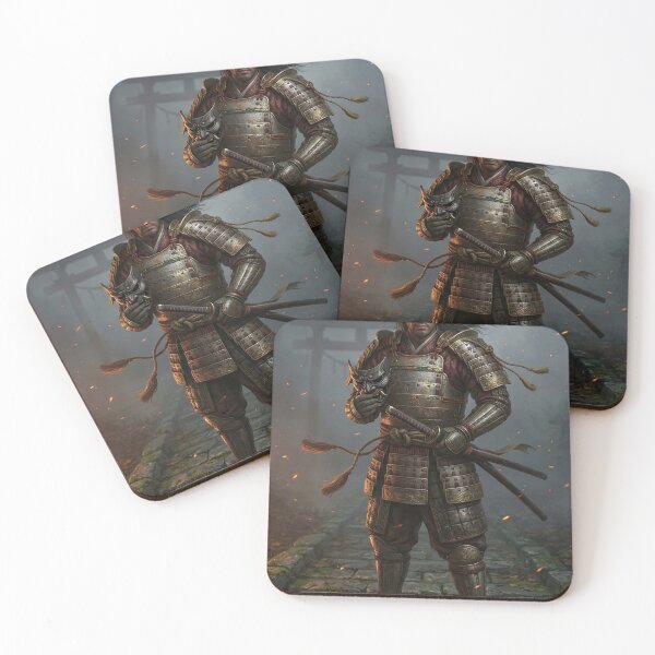 Item preview, Samurai Warrior Holding Oni Mask in Misty Path – Mori no Akari Series designed and sold by Mori-no-Akari.