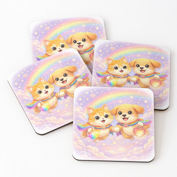 Item preview, Rainbow Hero Pals – Cute Kitten & Puppy Superheroes with Heart and Crystal | Kawaii Furfolkz Art designed and sold by Furfolkz.