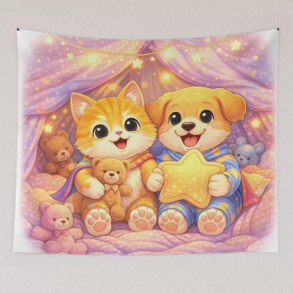 Item preview, Starry Sleepover Heroes – Cute Kitten & Puppy Cozy Tent with Teddy Bears | Kawaii Furfolkz Bedtime Art designed and sold by Furfolkz.