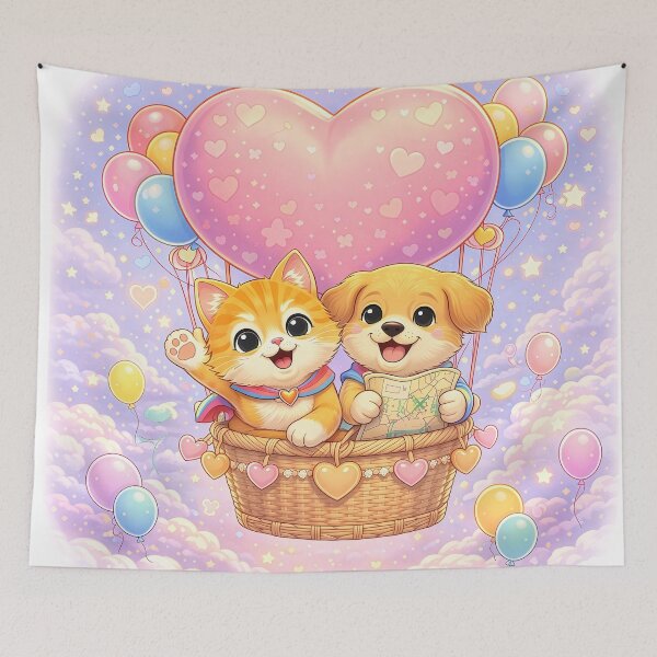 Item preview, Love Balloon Adventure – Cute Kitten & Puppy Flying in a Heart Hot Air Balloon | Kawaii Furfolkz Friendship Art designed and sold by Furfolkz.