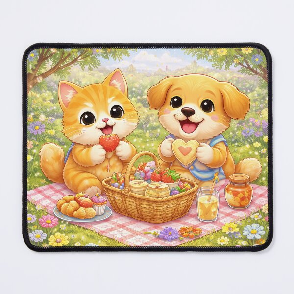 Item preview, Sweet Picnic of Love – Cute Kitten & Puppy Sharing Heart Treats in a Magical Spring Garden | Kawaii Picnic Art designed and sold by Furfolkz.