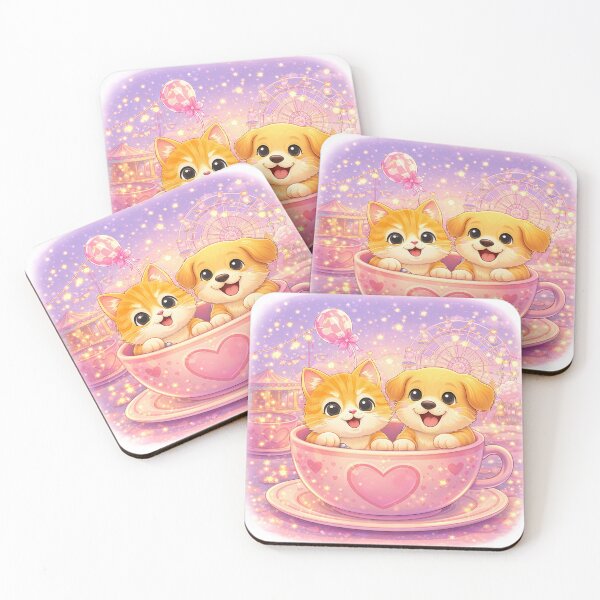 Item preview, Love in a Teacup – Cute Kitten & Puppy in a Magical Heart Cup at a Dreamy Carnival Night | Kawaii Romance Art designed and sold by Furfolkz.