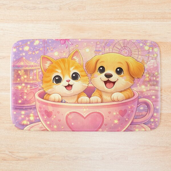 Item preview, Love in a Teacup – Cute Kitten & Puppy in a Magical Heart Cup at a Dreamy Carnival Night | Kawaii Romance Art designed and sold by Furfolkz.