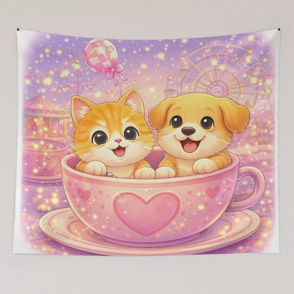 Item preview, Love in a Teacup – Cute Kitten & Puppy in a Magical Heart Cup at a Dreamy Carnival Night | Kawaii Romance Art designed and sold by Furfolkz.
