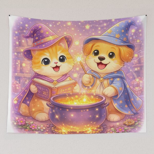 Item preview, Magical Wizard Kitten & Puppy Brewing Star Potion – Cute Kawaii Fantasy Witchcraft Art designed and sold by Furfolkz.