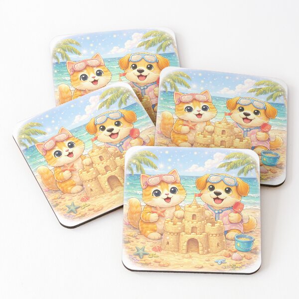Item preview, Cute Kitten & Puppy Building a Sandcastle – Kawaii Beach Adventure with Cat and Dog | Summer Friendship Art designed and sold by Furfolkz.