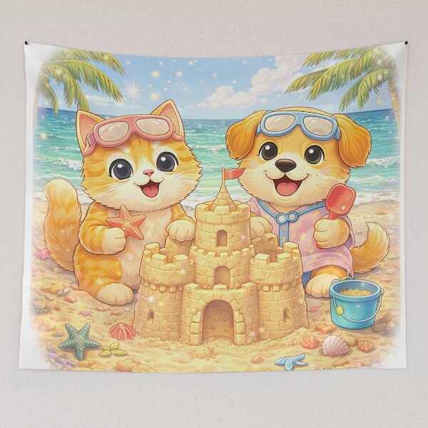 Item preview, Cute Kitten & Puppy Building a Sandcastle – Kawaii Beach Adventure with Cat and Dog | Summer Friendship Art designed and sold by Furfolkz.