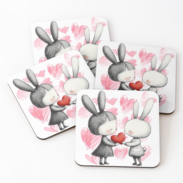 Item preview, Cute Bunny Love Saint Valentine's Day - Shy Bunnies Sharing Heart Kids Illustration Art Print designed and sold by DesignArtist.ia.