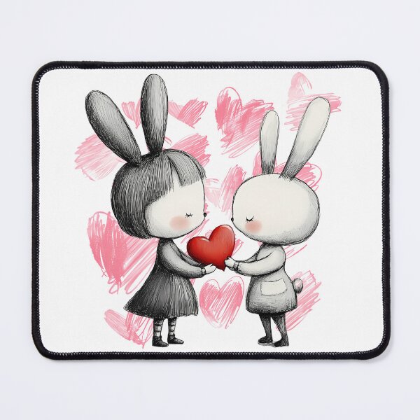 Item preview, Cute Bunny Love Saint Valentine's Day - Shy Bunnies Sharing Heart Kids Illustration Art Print designed and sold by DesignArtist.ia.
