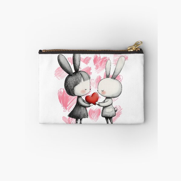 Item preview, Cute Bunny Love Saint Valentine's Day - Shy Bunnies Sharing Heart Kids Illustration Art Print designed and sold by DesignArtist.ia.