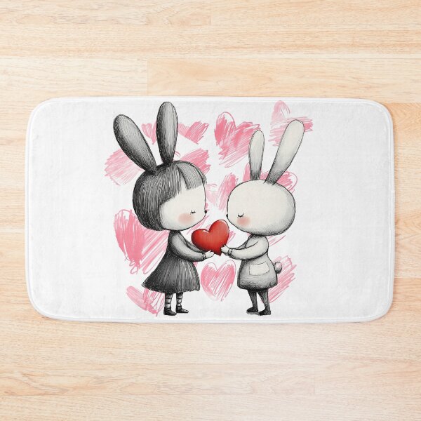 Item preview, Cute Bunny Love Saint Valentine's Day - Shy Bunnies Sharing Heart Kids Illustration Art Print designed and sold by DesignArtist.ia.