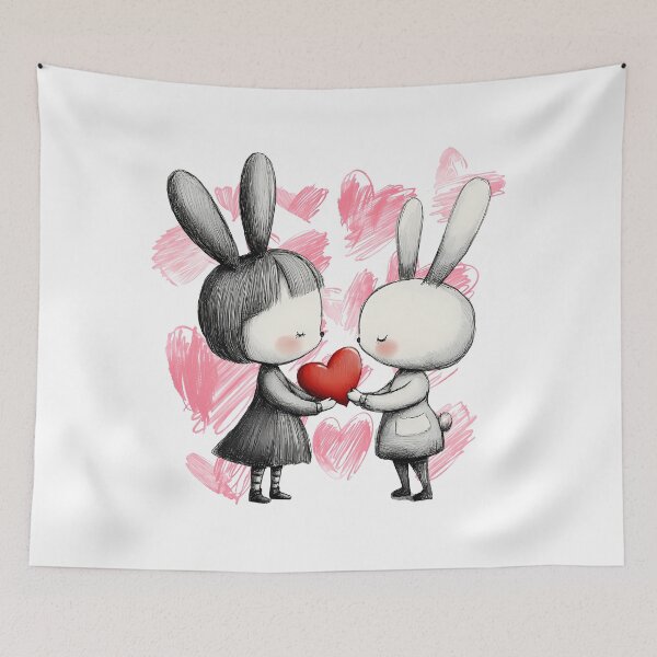 Item preview, Cute Bunny Love Saint Valentine's Day - Shy Bunnies Sharing Heart Kids Illustration Art Print designed and sold by DesignArtist.ia.