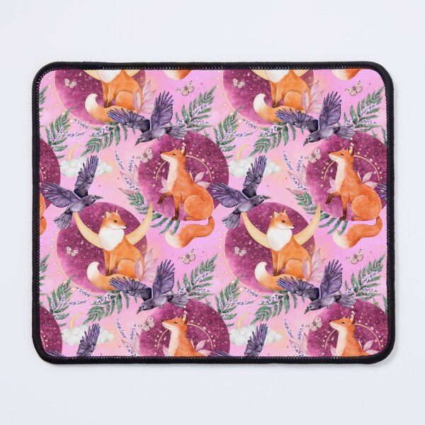 Item preview, Foxes, moon, fern, crow and forest plants on pink. Hand painted watercolor pattern designed and sold by eves_aquadreams.